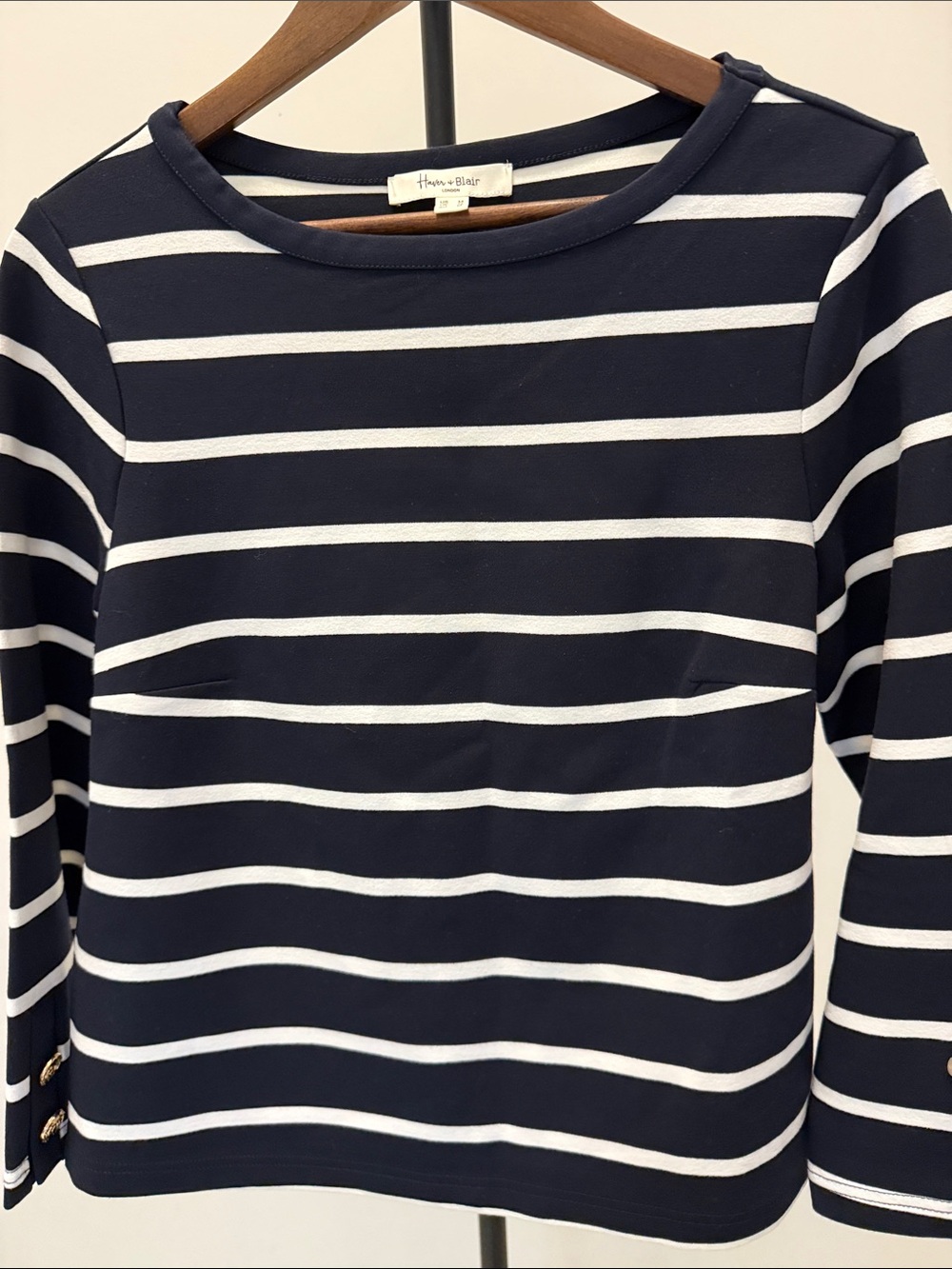 ✨ Haver & Blair Striped Boatneck Top M • Navy White Gold Button Detail ✨ - Picture 6 of 12